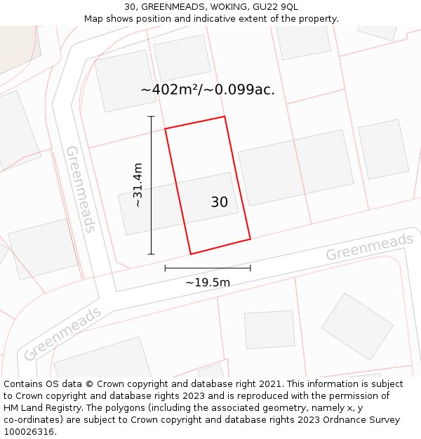 30, GREENMEADS, WOKING, GU22 9QL: Plot and title map