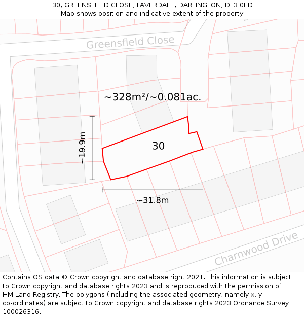 30, GREENSFIELD CLOSE, FAVERDALE, DARLINGTON, DL3 0ED: Plot and title map