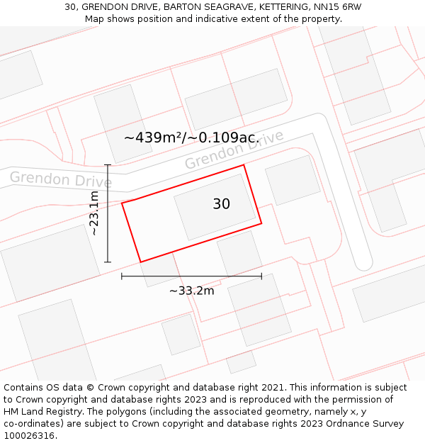 30, GRENDON DRIVE, BARTON SEAGRAVE, KETTERING, NN15 6RW: Plot and title map