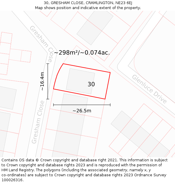 30, GRESHAM CLOSE, CRAMLINGTON, NE23 6EJ: Plot and title map