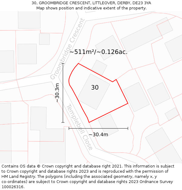 30, GROOMBRIDGE CRESCENT, LITTLEOVER, DERBY, DE23 3YA: Plot and title map
