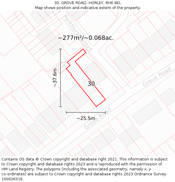 30, GROVE ROAD, HORLEY, RH6 8EL: Plot and title map