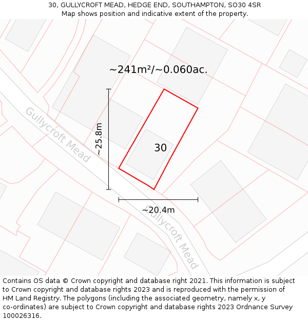 30, GULLYCROFT MEAD, HEDGE END, SOUTHAMPTON, SO30 4SR: Plot and title map