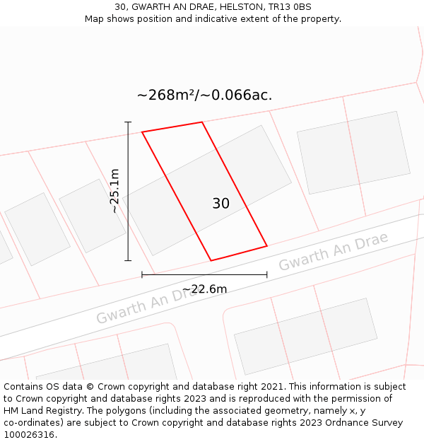 30, GWARTH AN DRAE, HELSTON, TR13 0BS: Plot and title map