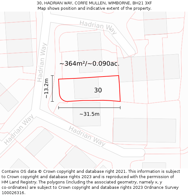 30, HADRIAN WAY, CORFE MULLEN, WIMBORNE, BH21 3XF: Plot and title map