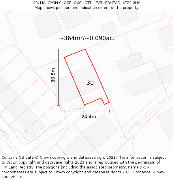 30, HALCYON CLOSE, OXSHOTT, LEATHERHEAD, KT22 0HA: Plot and title map