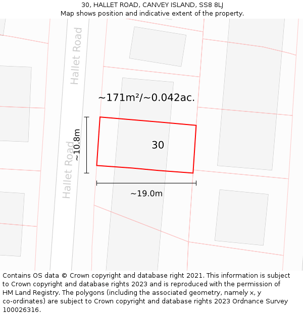 30, HALLET ROAD, CANVEY ISLAND, SS8 8LJ: Plot and title map