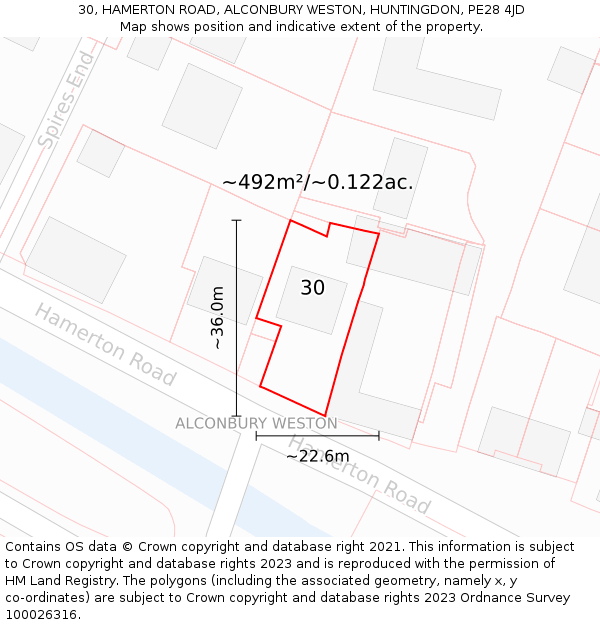 30, HAMERTON ROAD, ALCONBURY WESTON, HUNTINGDON, PE28 4JD: Plot and title map