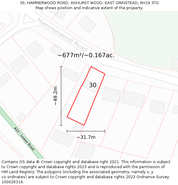 30, HAMMERWOOD ROAD, ASHURST WOOD, EAST GRINSTEAD, RH19 3TG: Plot and title map