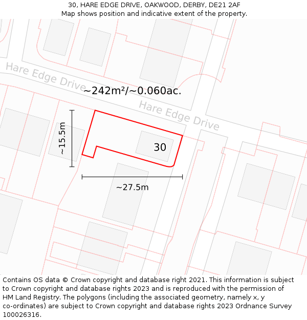 30, HARE EDGE DRIVE, OAKWOOD, DERBY, DE21 2AF: Plot and title map