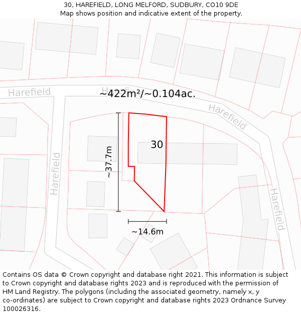 30, HAREFIELD, LONG MELFORD, SUDBURY, CO10 9DE: Plot and title map