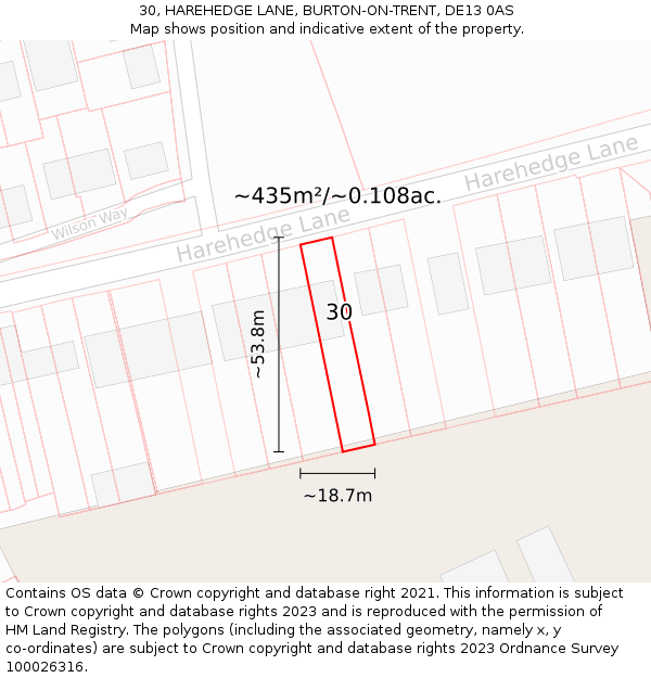 30, HAREHEDGE LANE, BURTON-ON-TRENT, DE13 0AS: Plot and title map