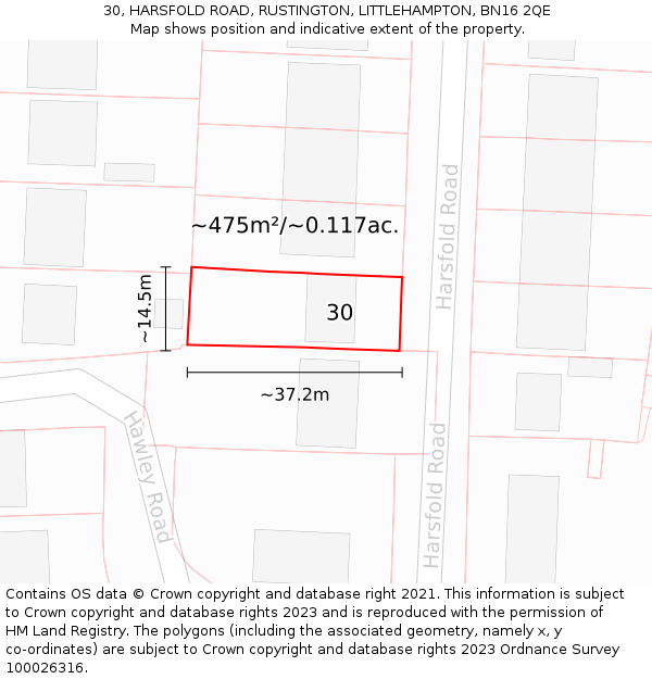 30, HARSFOLD ROAD, RUSTINGTON, LITTLEHAMPTON, BN16 2QE: Plot and title map
