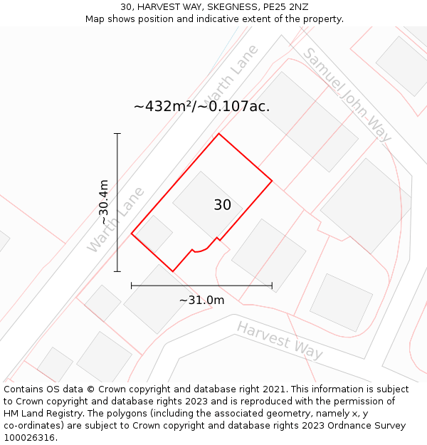 30, HARVEST WAY, SKEGNESS, PE25 2NZ: Plot and title map