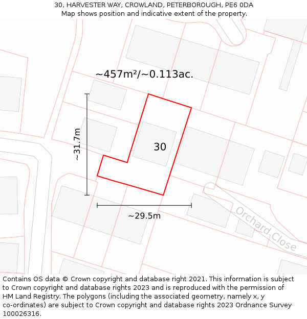 30, HARVESTER WAY, CROWLAND, PETERBOROUGH, PE6 0DA: Plot and title map