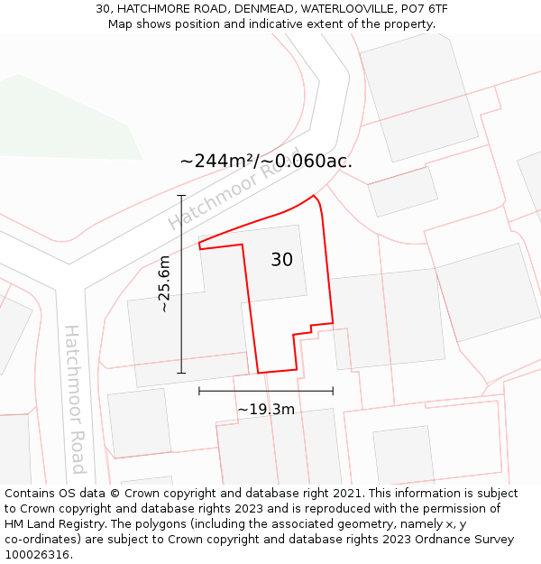 30, HATCHMORE ROAD, DENMEAD, WATERLOOVILLE, PO7 6TF: Plot and title map