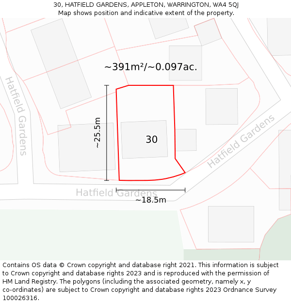 30, HATFIELD GARDENS, APPLETON, WARRINGTON, WA4 5QJ: Plot and title map