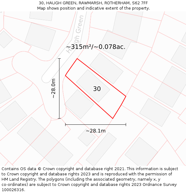 30, HAUGH GREEN, RAWMARSH, ROTHERHAM, S62 7FF: Plot and title map