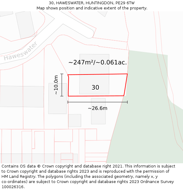 30, HAWESWATER, HUNTINGDON, PE29 6TW: Plot and title map