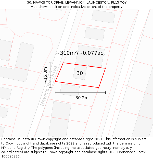 30, HAWKS TOR DRIVE, LEWANNICK, LAUNCESTON, PL15 7QY: Plot and title map