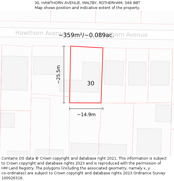 30, HAWTHORN AVENUE, MALTBY, ROTHERHAM, S66 8BT: Plot and title map