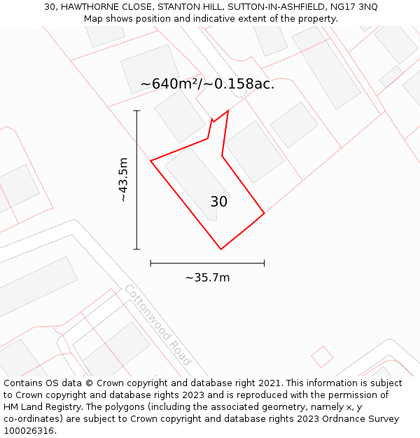 30, HAWTHORNE CLOSE, STANTON HILL, SUTTON-IN-ASHFIELD, NG17 3NQ: Plot and title map