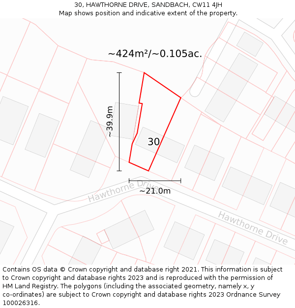 30, HAWTHORNE DRIVE, SANDBACH, CW11 4JH: Plot and title map