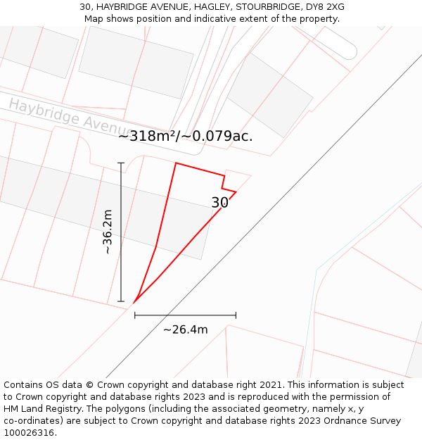 30, HAYBRIDGE AVENUE, HAGLEY, STOURBRIDGE, DY8 2XG: Plot and title map