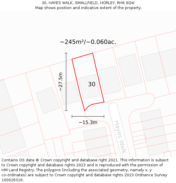 30, HAYES WALK, SMALLFIELD, HORLEY, RH6 9QW: Plot and title map