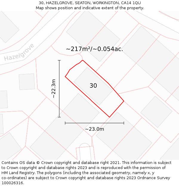 30, HAZELGROVE, SEATON, WORKINGTON, CA14 1QU: Plot and title map