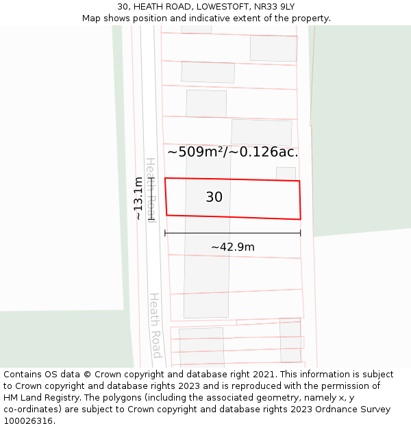 30, HEATH ROAD, LOWESTOFT, NR33 9LY: Plot and title map