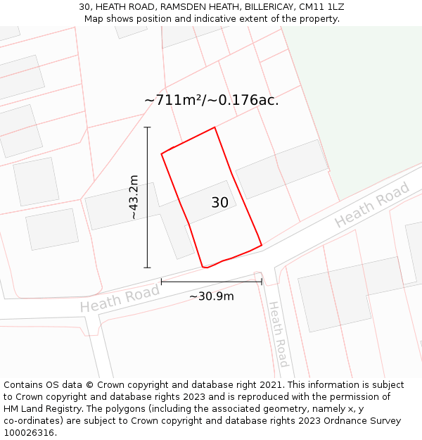 30, HEATH ROAD, RAMSDEN HEATH, BILLERICAY, CM11 1LZ: Plot and title map