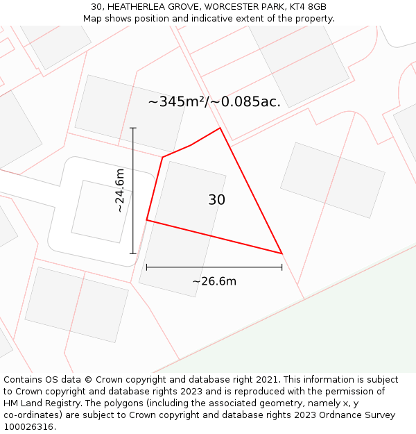 30, HEATHERLEA GROVE, WORCESTER PARK, KT4 8GB: Plot and title map
