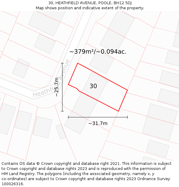 30, HEATHFIELD AVENUE, POOLE, BH12 5DJ: Plot and title map