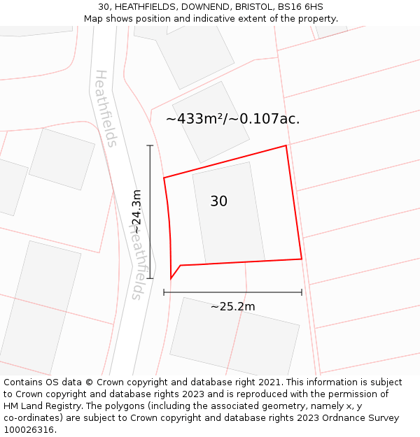 30, HEATHFIELDS, DOWNEND, BRISTOL, BS16 6HS: Plot and title map