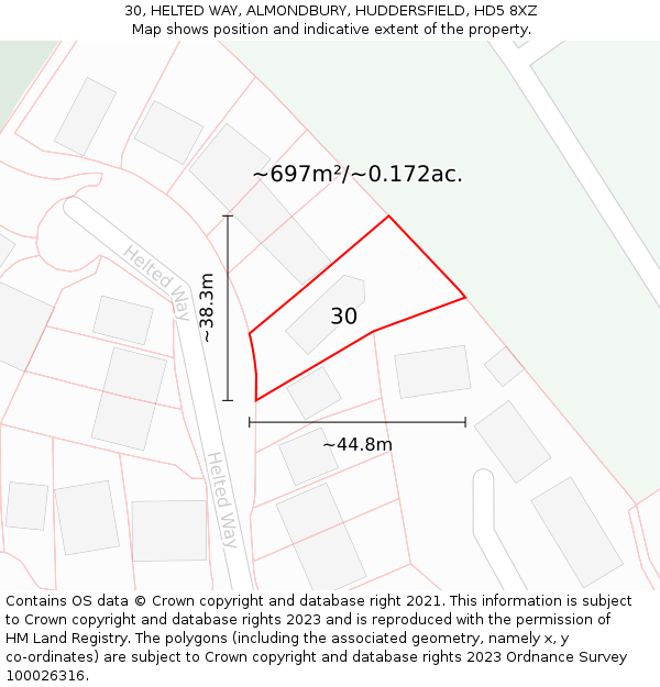 30, HELTED WAY, ALMONDBURY, HUDDERSFIELD, HD5 8XZ: Plot and title map