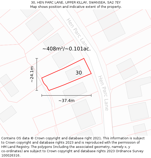 30, HEN PARC LANE, UPPER KILLAY, SWANSEA, SA2 7EY: Plot and title map