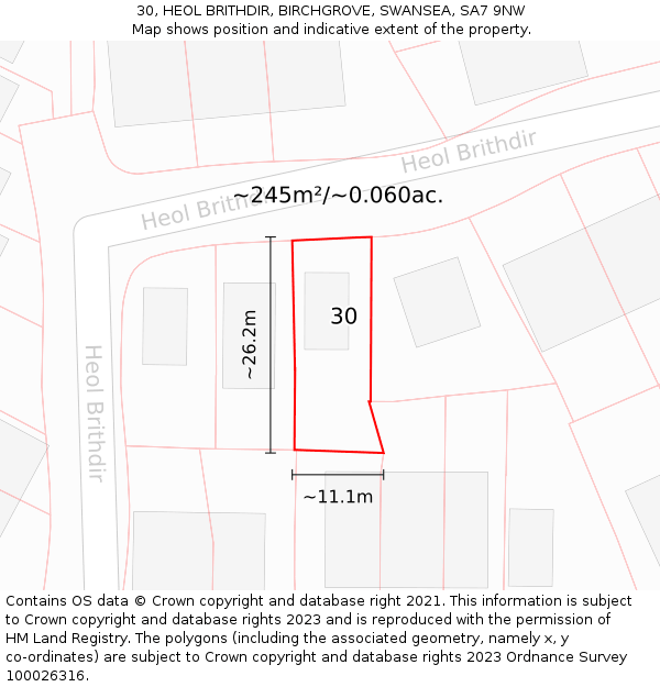 30, HEOL BRITHDIR, BIRCHGROVE, SWANSEA, SA7 9NW: Plot and title map