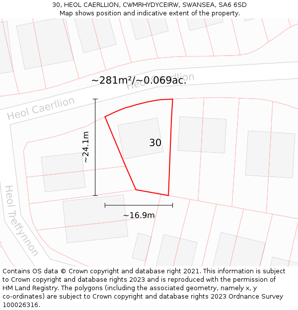 30, HEOL CAERLLION, CWMRHYDYCEIRW, SWANSEA, SA6 6SD: Plot and title map