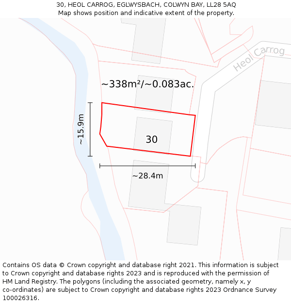30, HEOL CARROG, EGLWYSBACH, COLWYN BAY, LL28 5AQ: Plot and title map