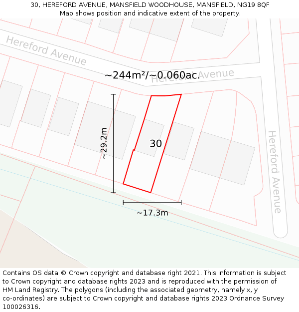 30, HEREFORD AVENUE, MANSFIELD WOODHOUSE, MANSFIELD, NG19 8QF: Plot and title map