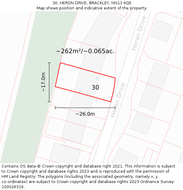 30, HERON DRIVE, BRACKLEY, NN13 6QE: Plot and title map