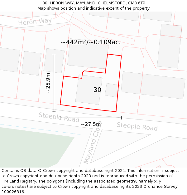 30, HERON WAY, MAYLAND, CHELMSFORD, CM3 6TP: Plot and title map