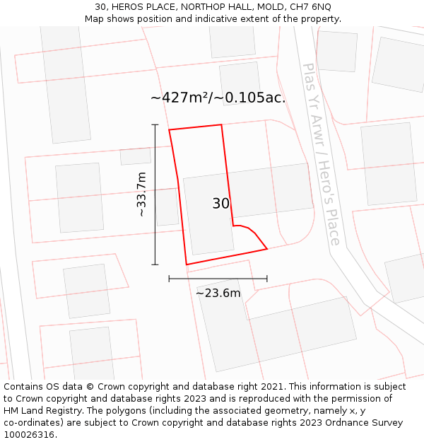 30, HEROS PLACE, NORTHOP HALL, MOLD, CH7 6NQ: Plot and title map