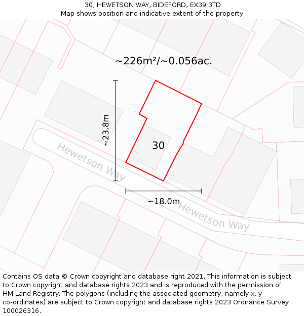 30, HEWETSON WAY, BIDEFORD, EX39 3TD: Plot and title map