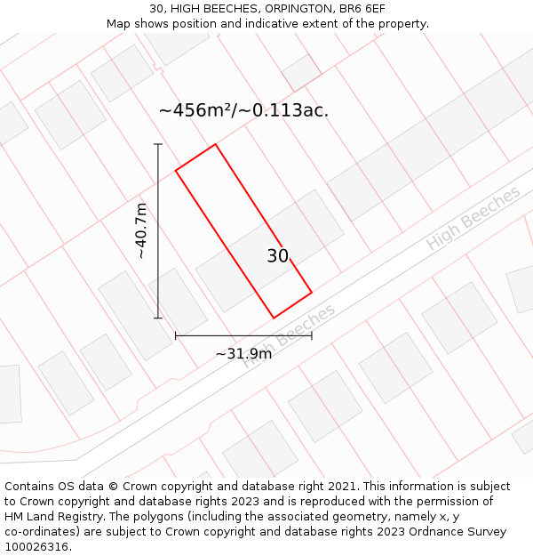 30, HIGH BEECHES, ORPINGTON, BR6 6EF: Plot and title map