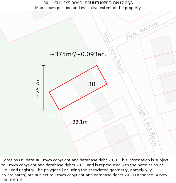 30, HIGH LEYS ROAD, SCUNTHORPE, DN17 2QA: Plot and title map