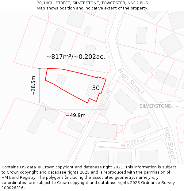 30, HIGH STREET, SILVERSTONE, TOWCESTER, NN12 8US: Plot and title map