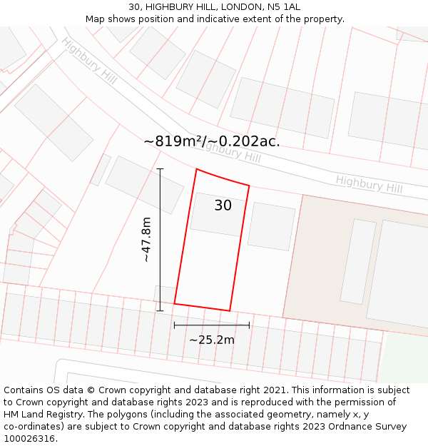 30, HIGHBURY HILL, LONDON, N5 1AL: Plot and title map