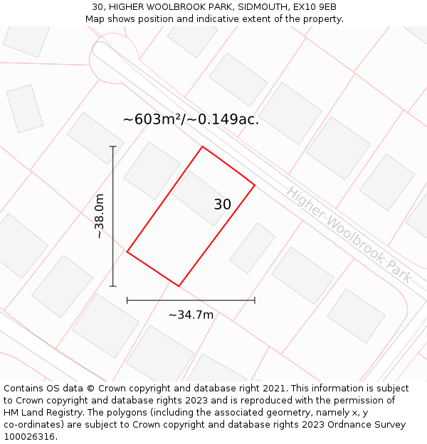 30, HIGHER WOOLBROOK PARK, SIDMOUTH, EX10 9EB: Plot and title map